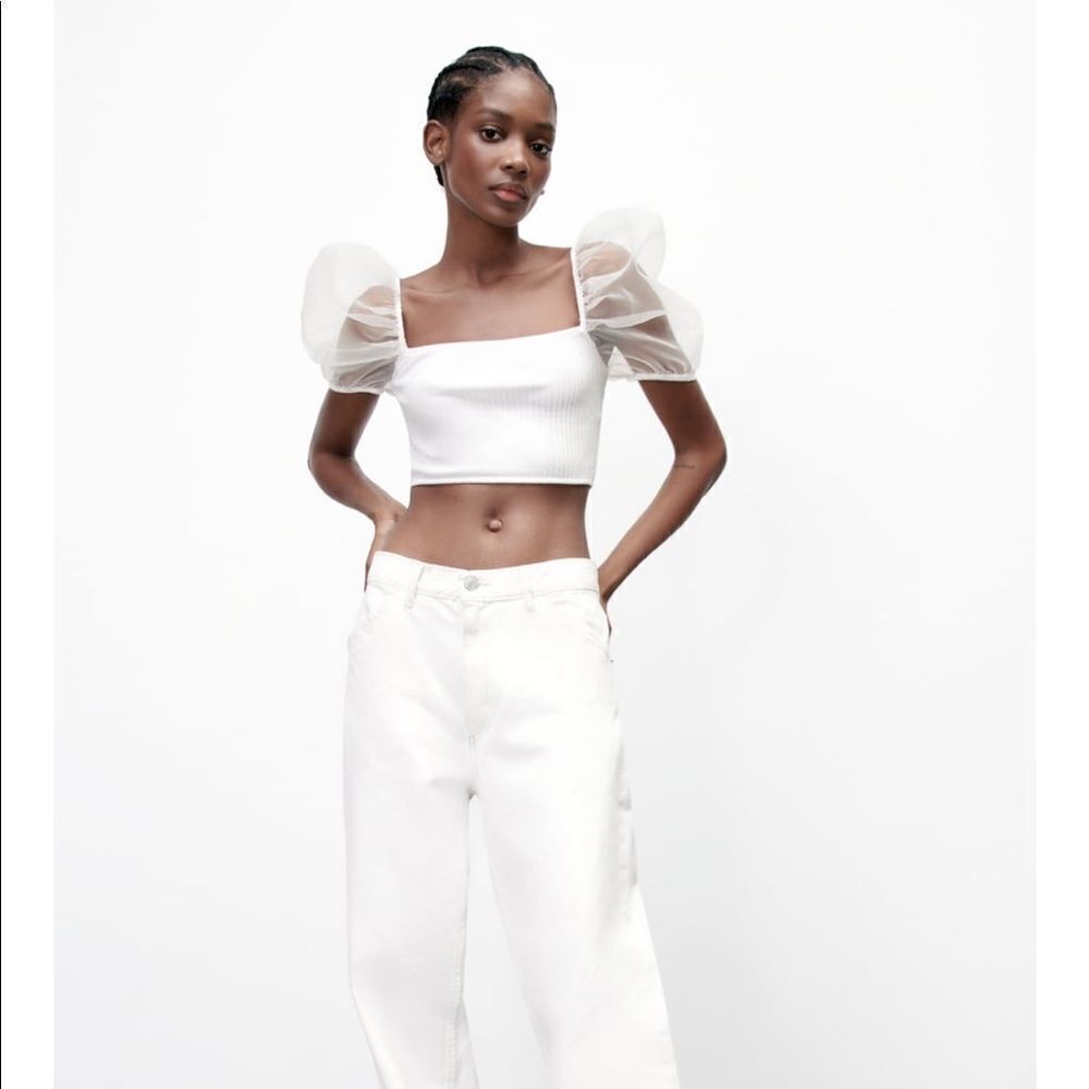 Zara white rib crop top with organza sleeves